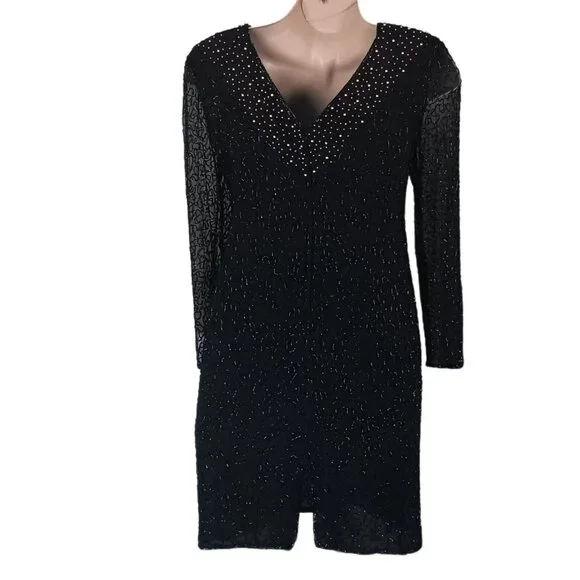 Beaded Drama Special Occasion Womens Dress Size 16 Black Long Sleeve - Picture 5 of 8